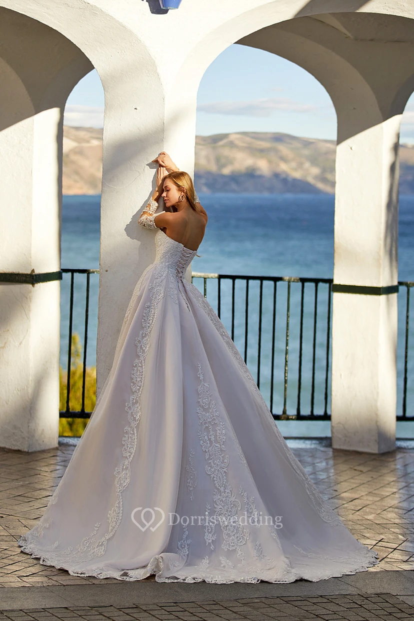 Off-the-shoulder Illusion Long Sleeve Ball Gown Lace Wedding Dress view 2
