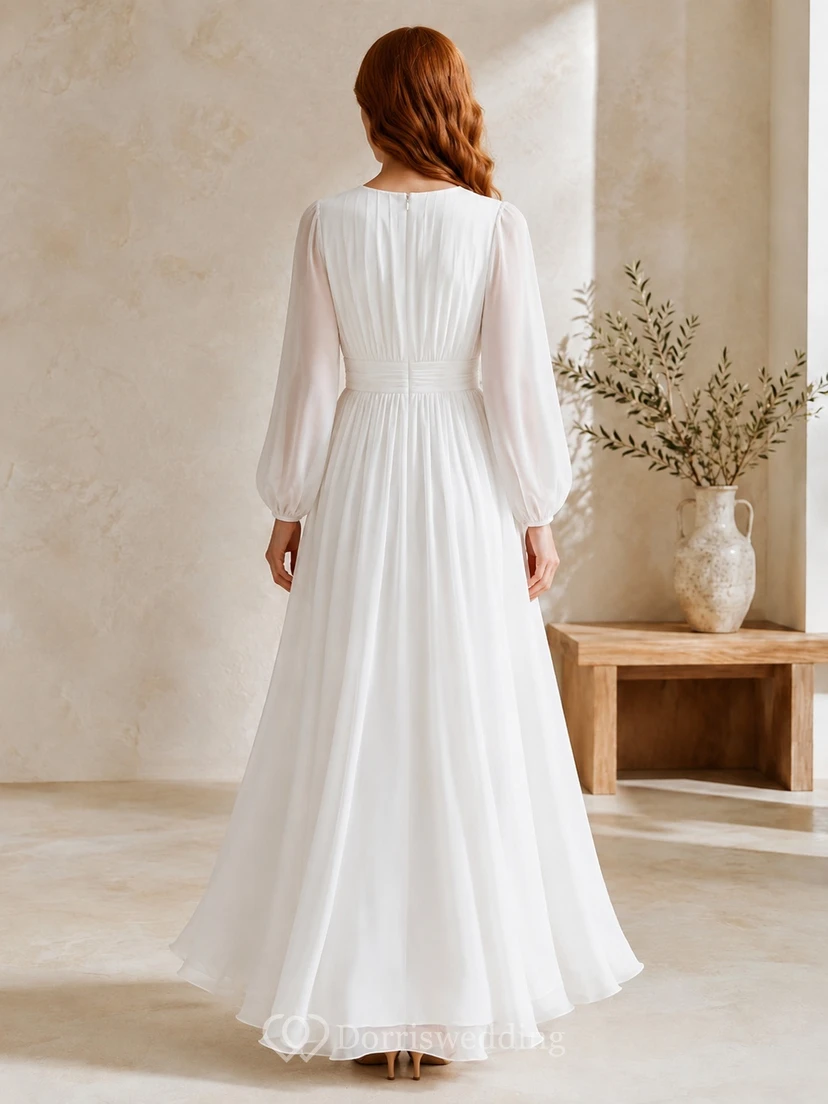 Modest High Neck Long Sleeve Pleated Chiffon A-Line Floor Length Temple Dress view 2