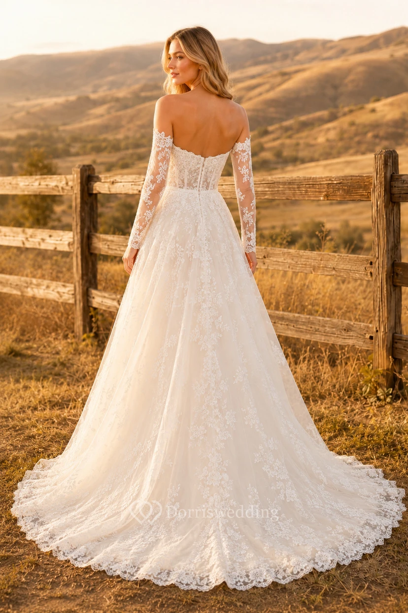 Vestido de novia de encaje con escote Bardot, corte en A y mangas largas. view 2