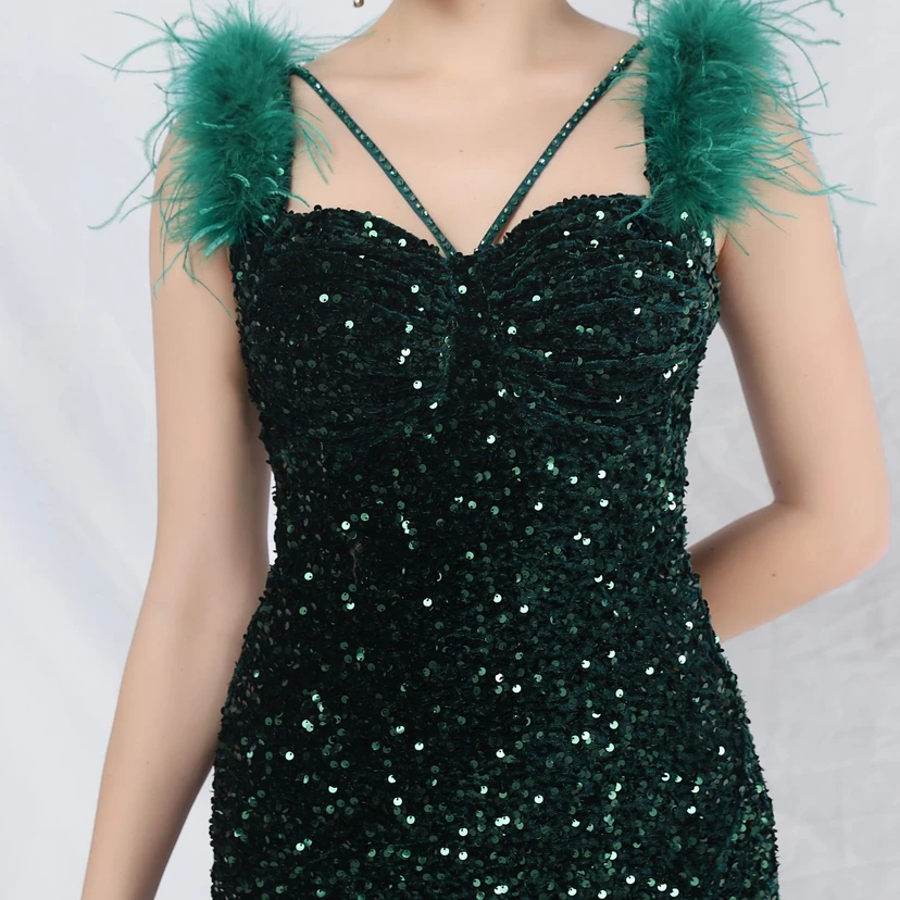 Craft Beaded Ostrich Feather Plush Sequined Long Evening Dress view 53