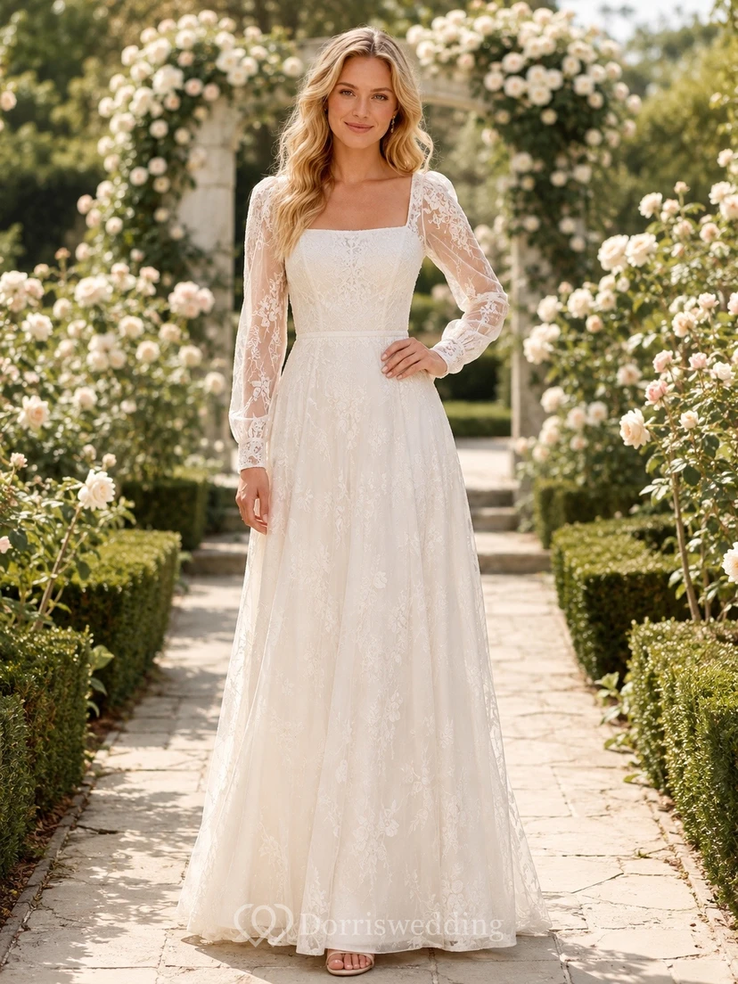 Vestido de novia de manga larga, escote cuadrado, corte en A, largo hasta el suelo, para compromiso o boda.