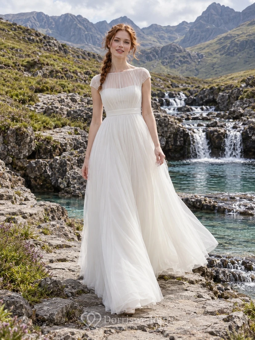 Sencillo vestido de novia de tul con corte en A, escote ilusión tipo barco y mangas cortas transparentes.