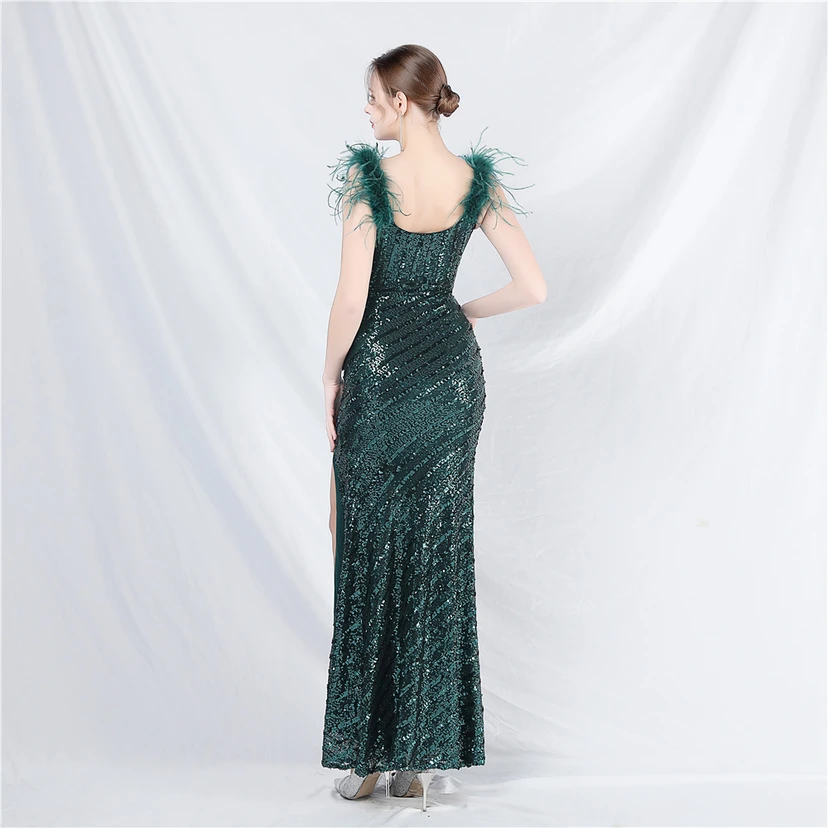 Evening Dress Craft Beaded Ostrich Feather Sequined Side Slit Evening Dress view 33