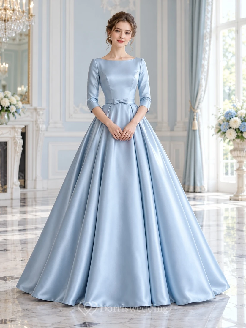 Robe de bal vintage bleu ciel à manches bateau et taille nouée en satin