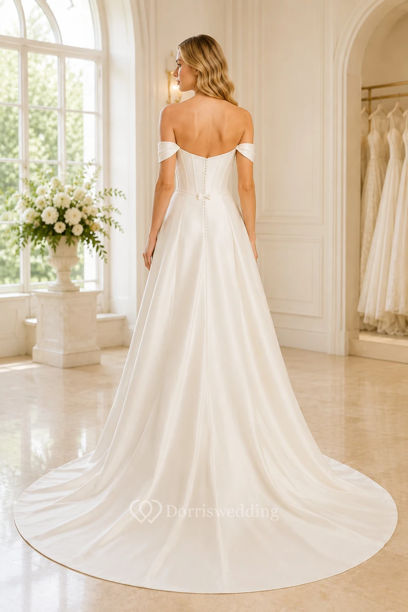 Brautkleid aus Satin, A-Linie, schulterfrei, kurze Ärmel, Schleppe view 2