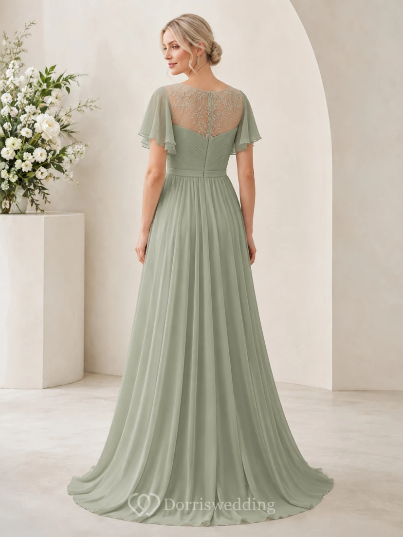 Robe de mariée trapèze en mousseline de soie à manches papillon et dentelle bateau illusion sauge view 2