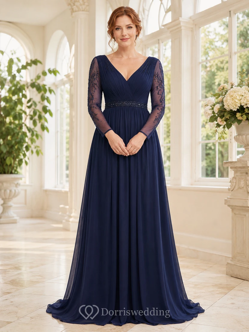 Robe longue en mousseline bleu marine foncé à col en V et manches longues, coupe trapèze