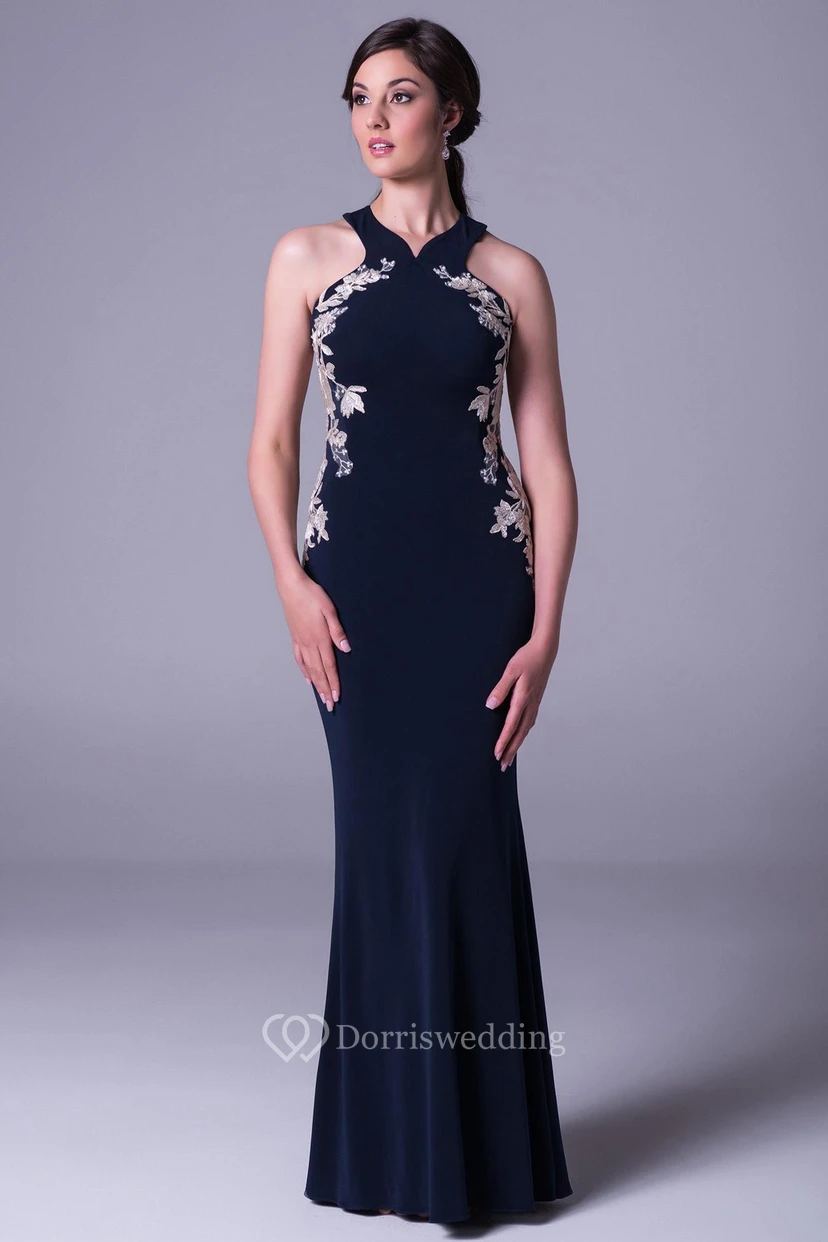 Robe de bal fourreau maxi sans manches en jersey à appliqués