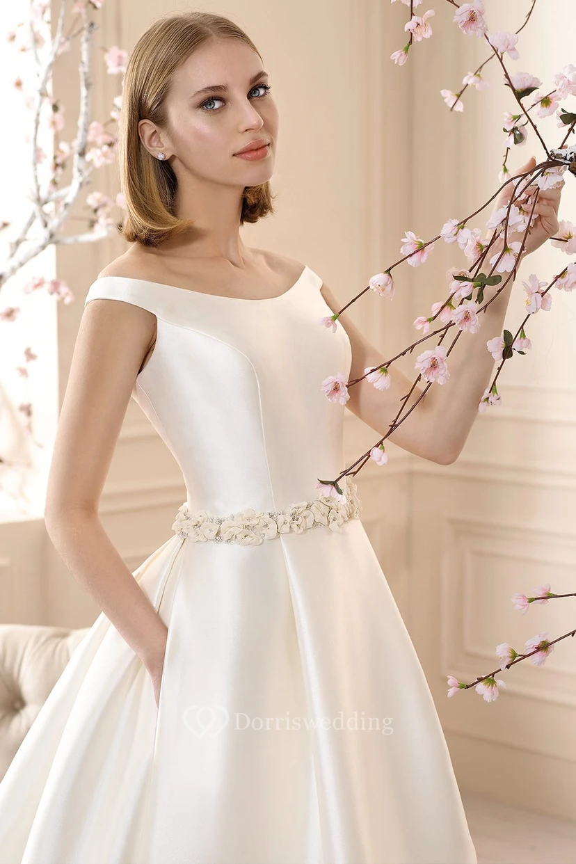 A-Line Maxi Off-The-Shoulder Jeweled Satin Wedding Dress view 3