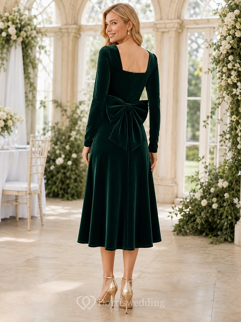 Dark Green Square Neck Long Sleeve Velvet A Line Midi Guest Dress view 2