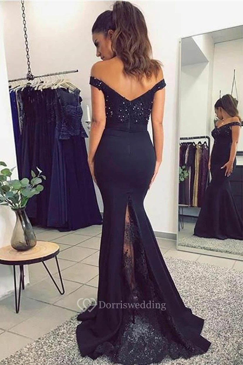 Mermaid Trumpet Satin Lace Off-the-shoulder Short Sleeve Zipper Low-V Back Dress view 2