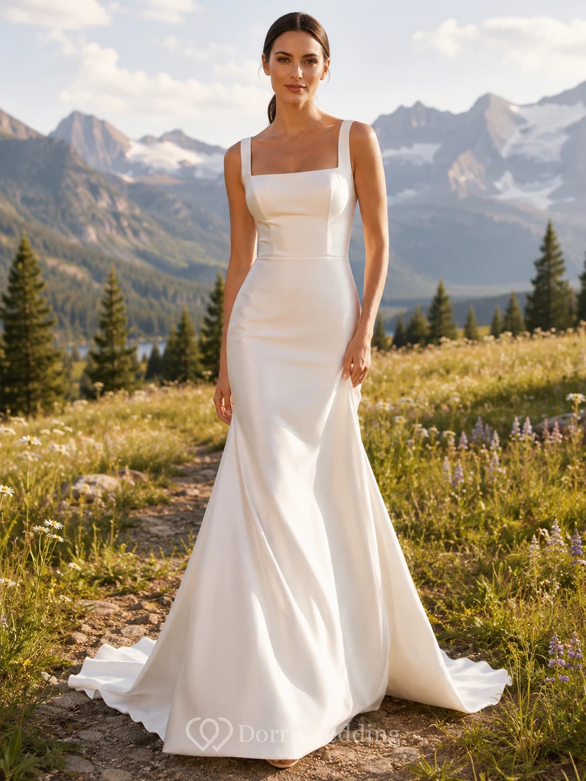 Robe de mariée minimaliste en satin à encolure carrée, bretelles larges et traîne balayée, style sirène, style montagne