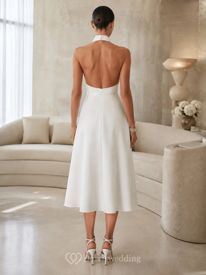 Einfaches, wadenlanges, elfenbeinfarbenes Braut-Cocktailkleid aus Satin mit hohem Kragen und Neckholder view 2