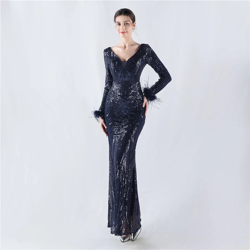 Robe de soirée haut de gamme ornée de perles florales fixes et de poils d'autruche, hôte de la réunion annuelle d'hiver view 38