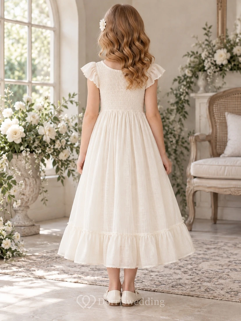 Tea-length Country Ivory A-line Smocked Ruffle-sleeve Ruffle-hem Gathered Flower Girl Dress view 2