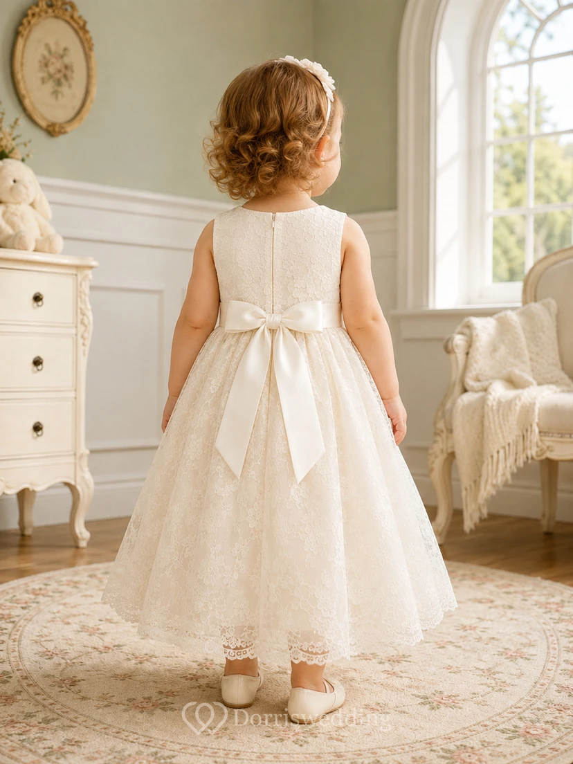 Sleeveless Baptism Dress A-Line Lace Tulle Jewel Neck Bow Back view 2