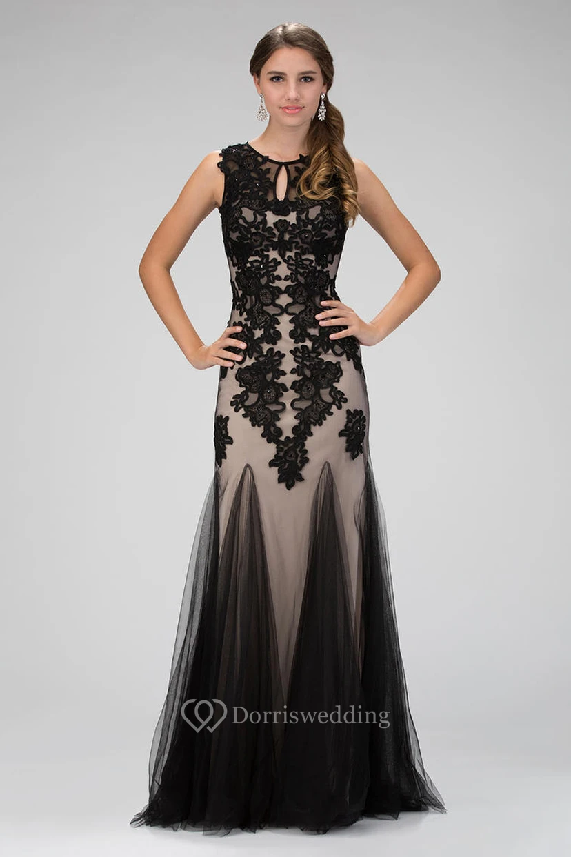 Sheath Scoop-Neck Sleeveless Tulle Illusion Dress With Appliques