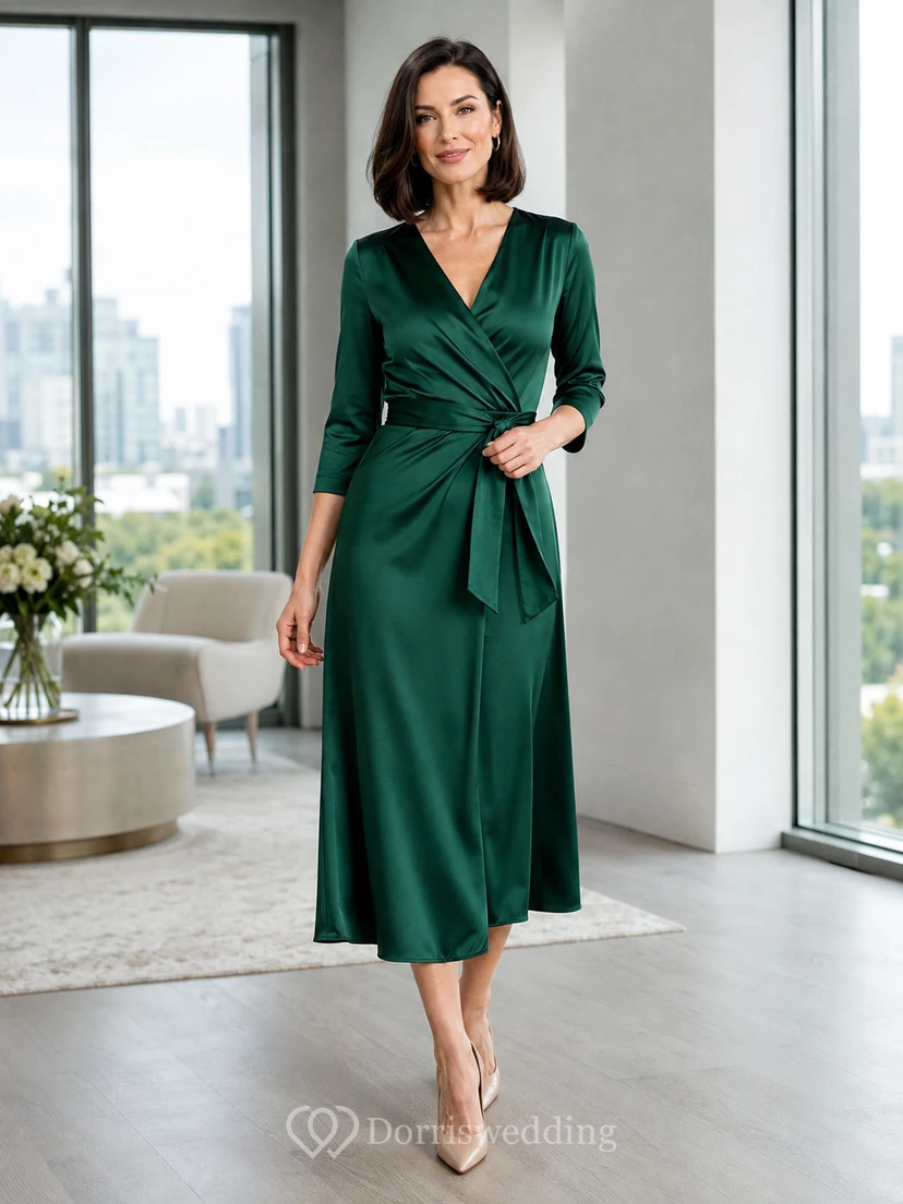 Vestido elegante de satén fruncido de corte A hasta la rodilla, color verde oscuro con escote en V y mangas tres cuartos, color malaquita.