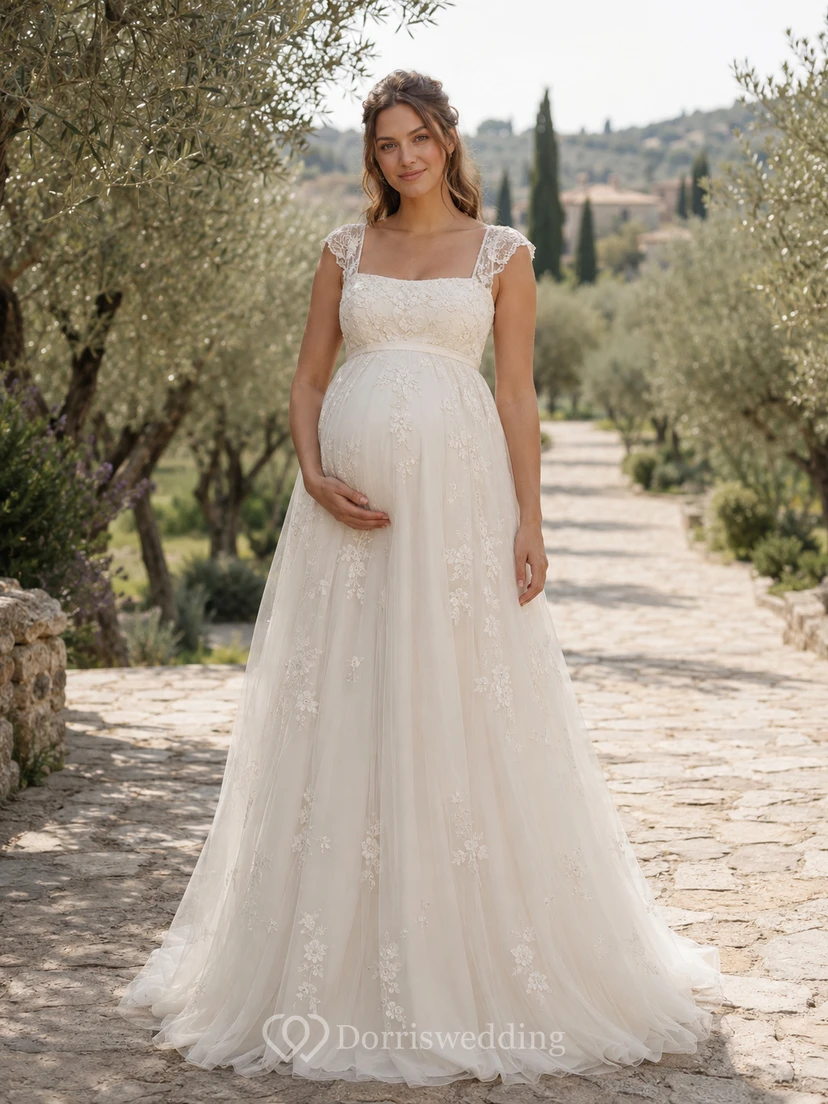Maternity Wedding Dress Square Neck Lace Strap A-Line Garden Bridal Gown with Floor Skirt