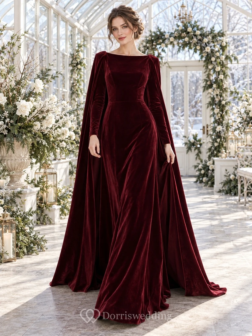 Vestido de novia de corte A con capa, manga larga y escote cuadrado, color burdeos, de terciopelo liso, ideal para invierno.