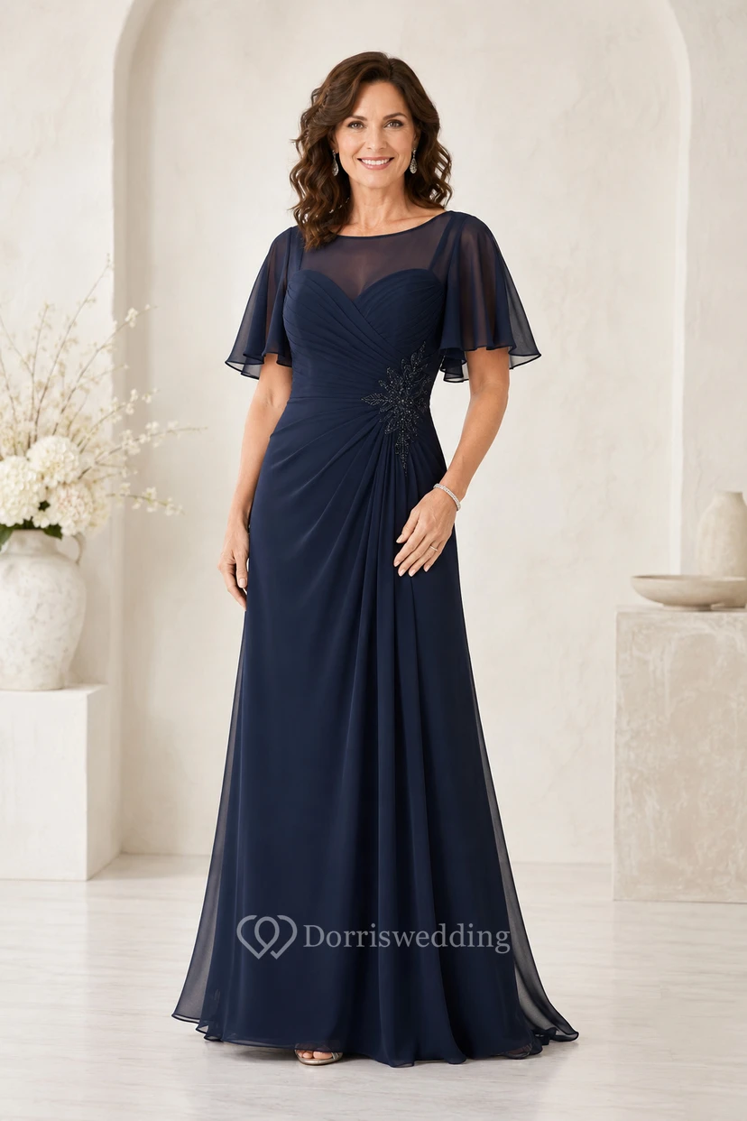 MOB-Kleid Dunkelblauer Chiffon A-Linie Kurzarm U-Boot-Ausschnitt Bodenlang Gerafft