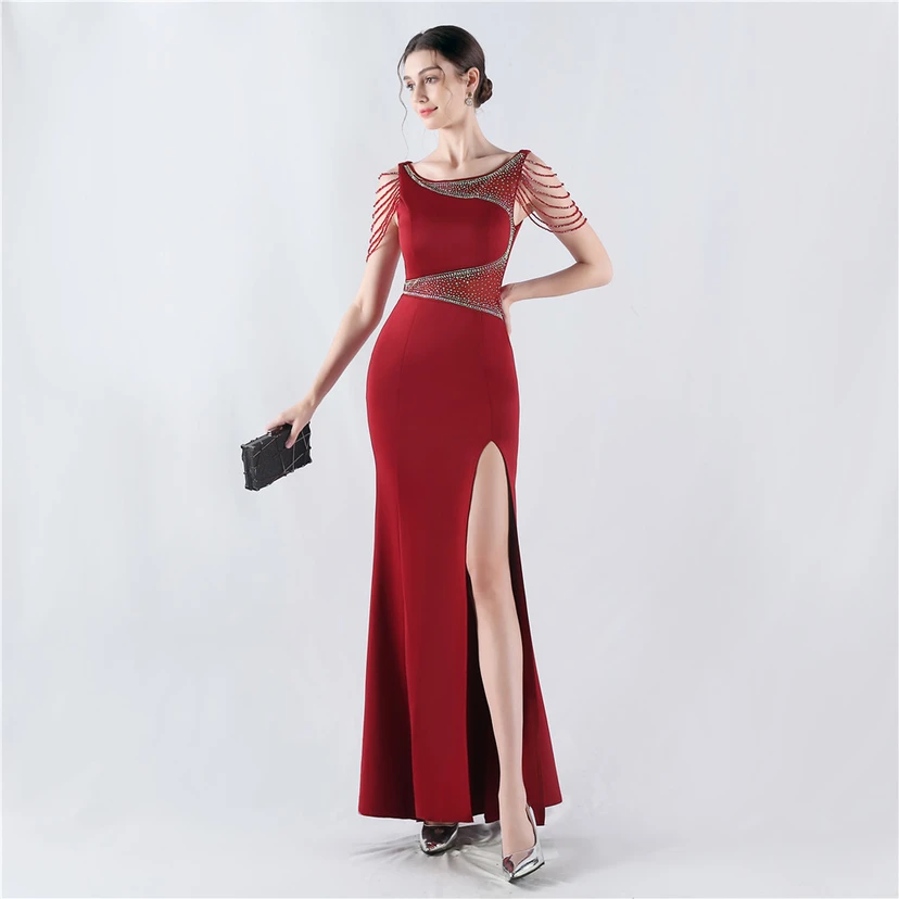 Heavy Hot Diamonds For Transparent Mesh High-Slit Satin Evening Dress Annual Meeting Wedding view 35
