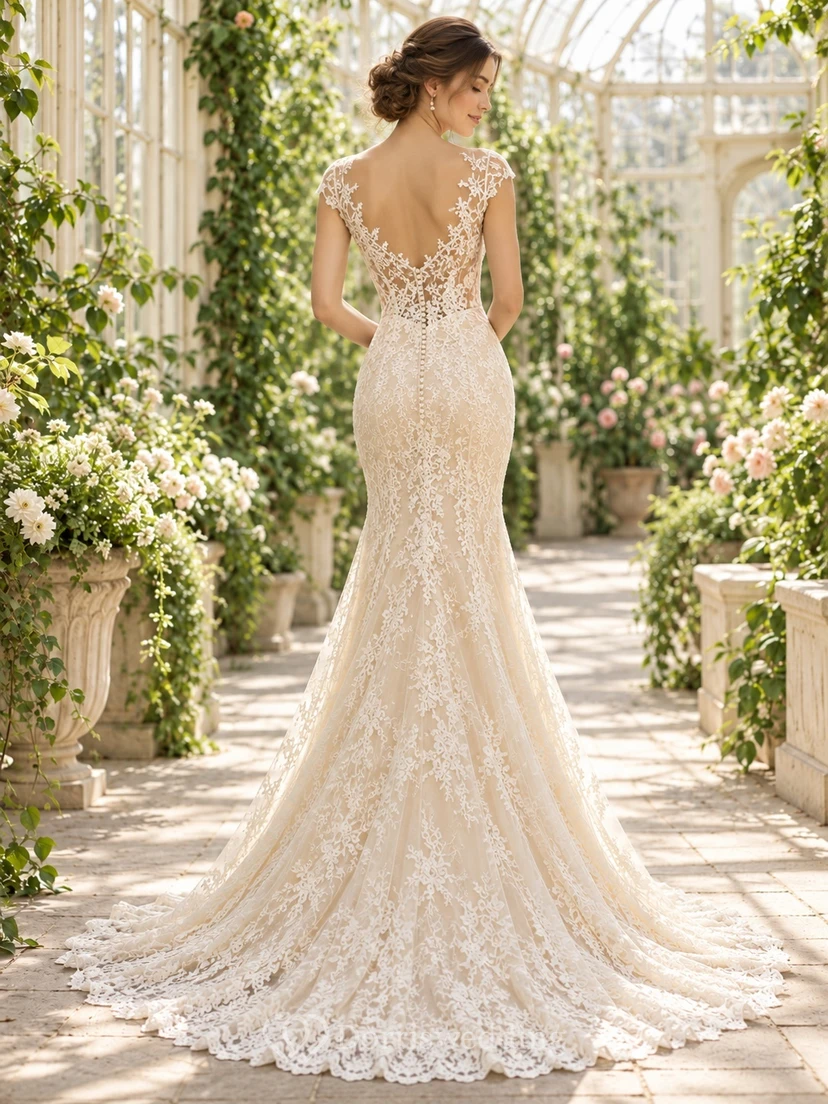 Vintage Mermaid Sweetheart Illusion Cap Sleeve Lace Train Wedding Dress view 2