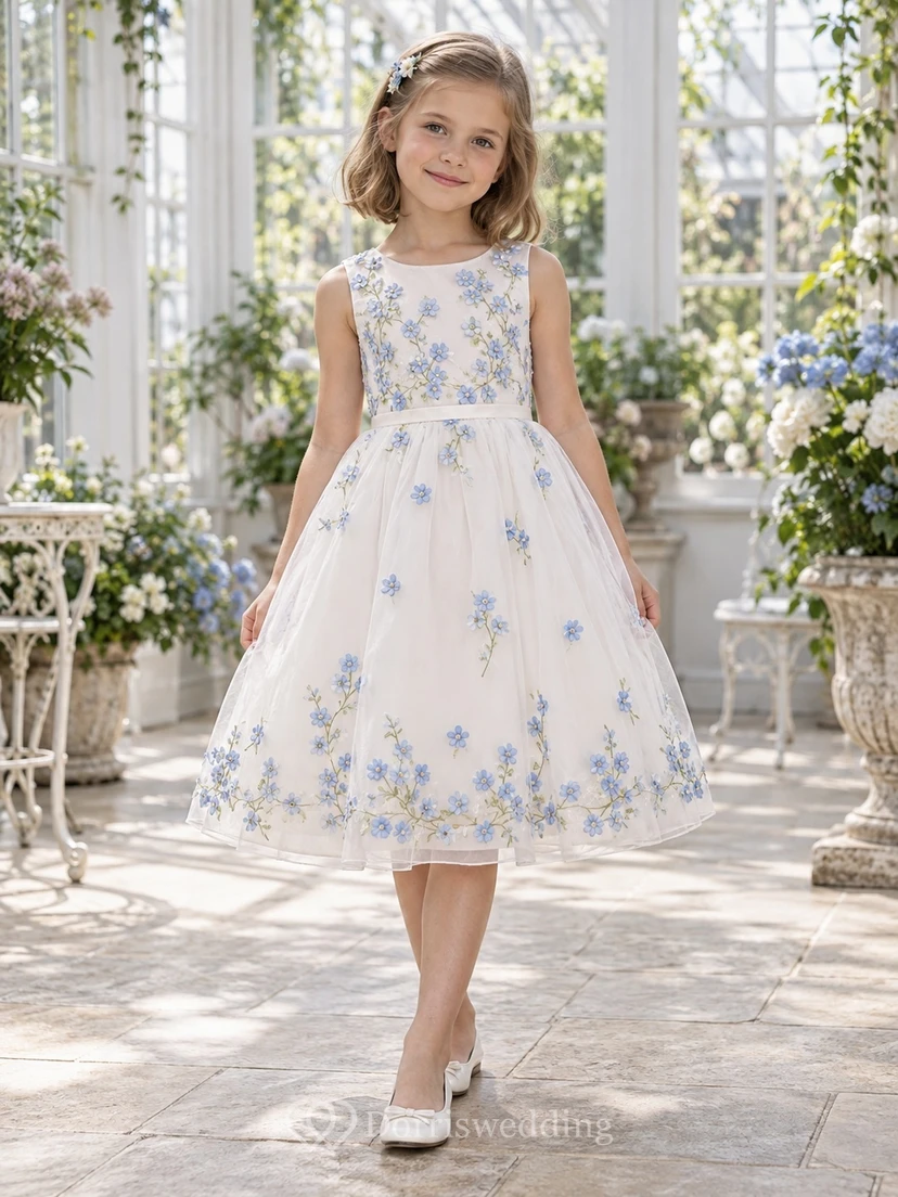 Tea-length Ivory Sleeveless Blue Floral Border Tulle A-line Flower Girl Dress