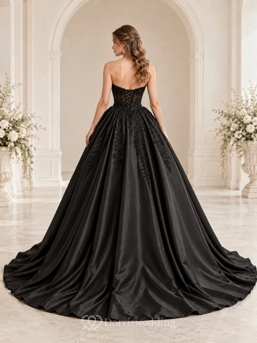 Black Strapless Sweetheart Corset Lace Satin Ball Gown Wedding Dress view 2