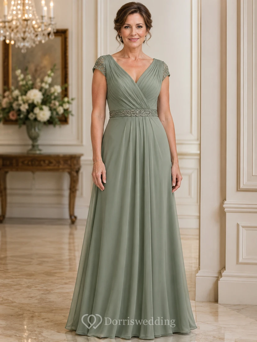 Sage V Neck Chiffon Mother Gown Sage V-neck A-Line Floor-length