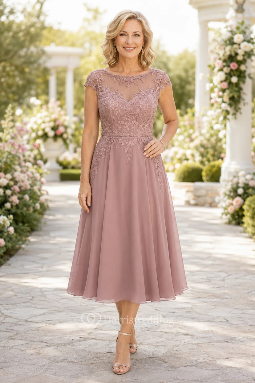 MOB-Kleid aus altrosafarbenem Chiffon mit Spitze, A-Linie, kurzen Ärmeln, U-Boot-Ausschnitt, Teelänge