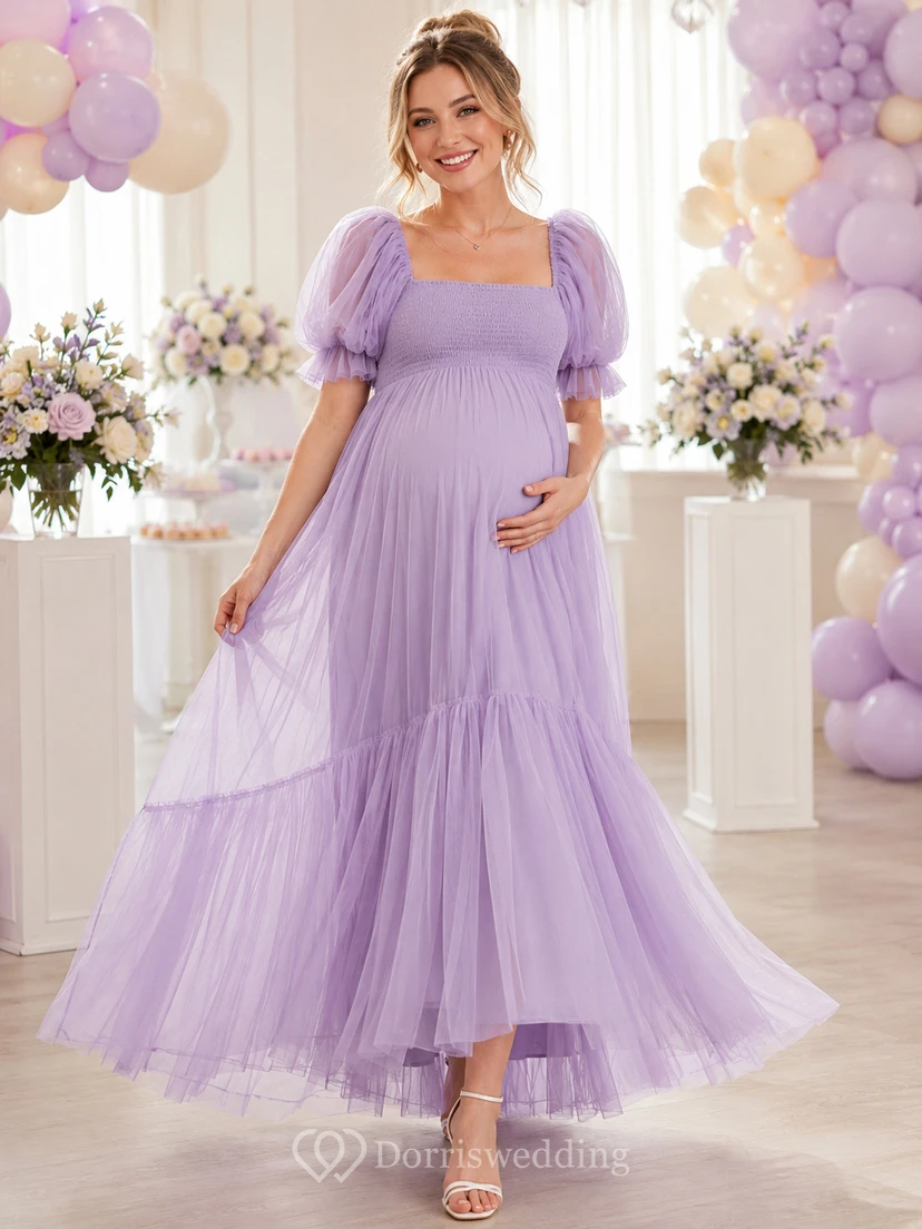 Lavender Maternity Square Neck Puff Sleeve Tiered Tulle Tea Length Baby Shower Dress