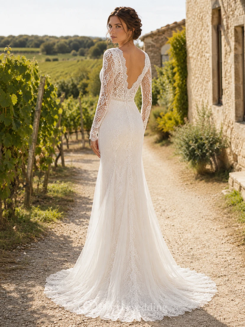 Rustikales Meerjungfrauen-Hochzeitskleid mit tiefem V-Ausschnitt, langen Illusionsärmeln und Spitze view 2