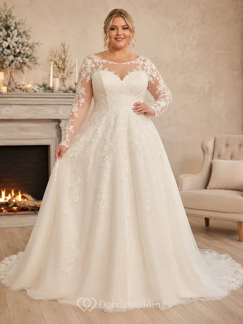 Plus Size Winter Illusion Lace Sleeve A-Line Wedding Dress