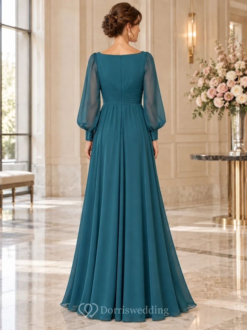 Vestido de novia de corte imperio, manga larga, estilo barco, de gasa con cuentas y corte en A, color verde azulado, para la madre de la novia. view 2