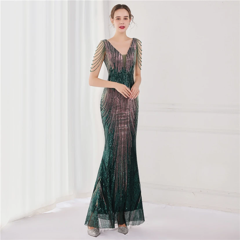 Vestido largo de lentejuelas con cola de pez, ideal para eventos, banquetes, eventos de celebridades y eventos de moda. Vestido de noche con etiqueta para modelos de automóviles. view 47