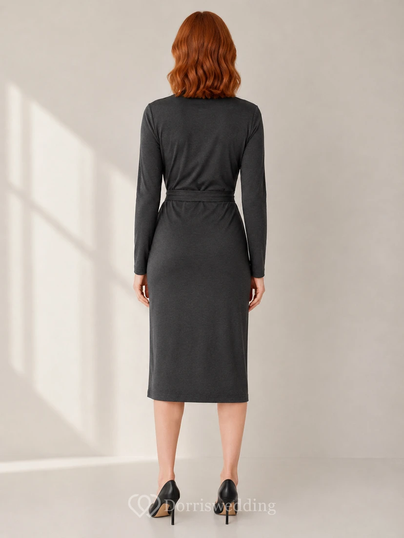 Robe crayon midi cache-cœur à manches longues et col en V gris anthracite view 2