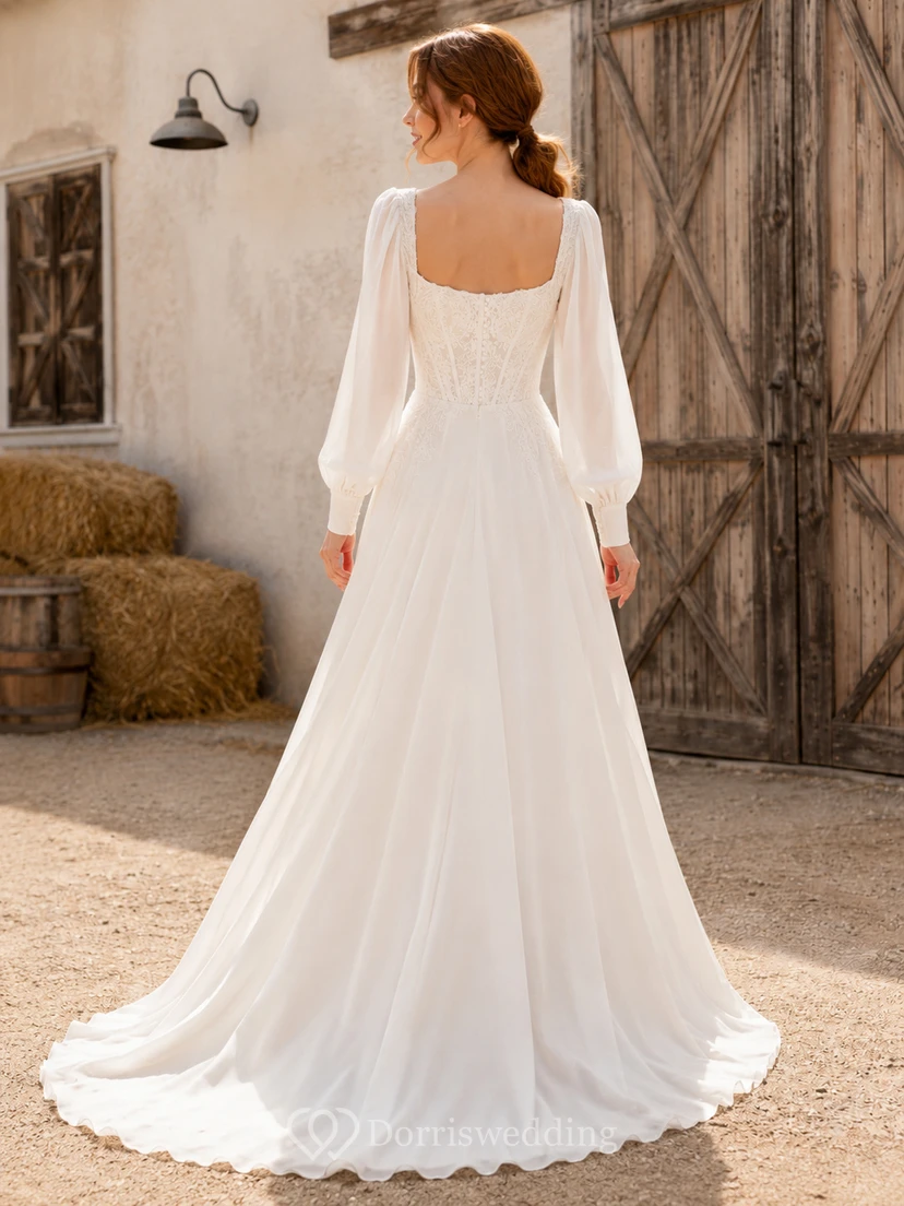 Robe de mariée champêtre rustique en mousseline, col carré, manches longues, coupe trapèze, traîne, à manches bouffantes et col rond. view 2