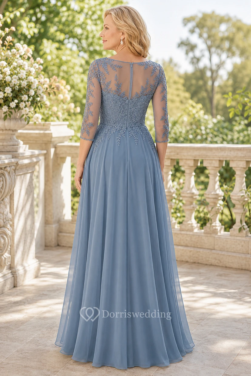 Stahlblaues A-Linien-Kleid mit Illusionsspitze und langen Ärmeln view 2