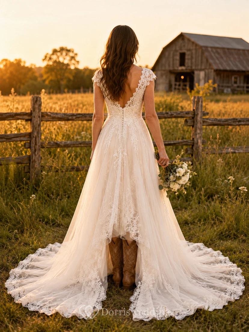 Rustic Country Boho Romantic A-Line Lace Tulle Wedding Dress with V-Neck Spaghetti Straps Sleeveless Floor-Length Train Split Skirt Low Back Deep V Detail view 2