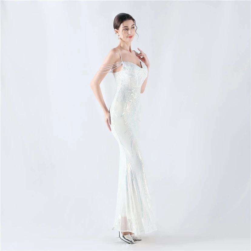 Waist-Reduced Fishbone Shaping Positioning Flower Sequined Anchor Sexy Beaded Suspender Evening Dress view 44