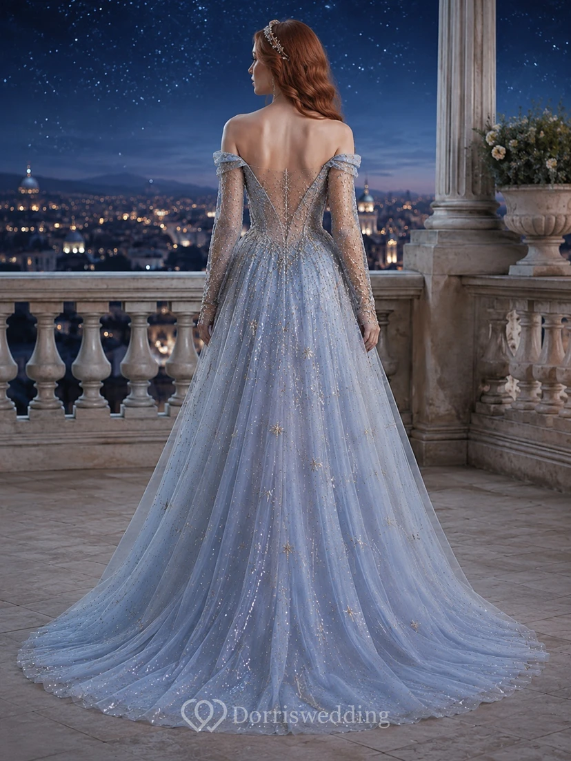 Himmelblaues, perlenbesetztes, schulterfreies A-Linien-Abendkleid aus Tüll mit Kapellenschleppe view 2