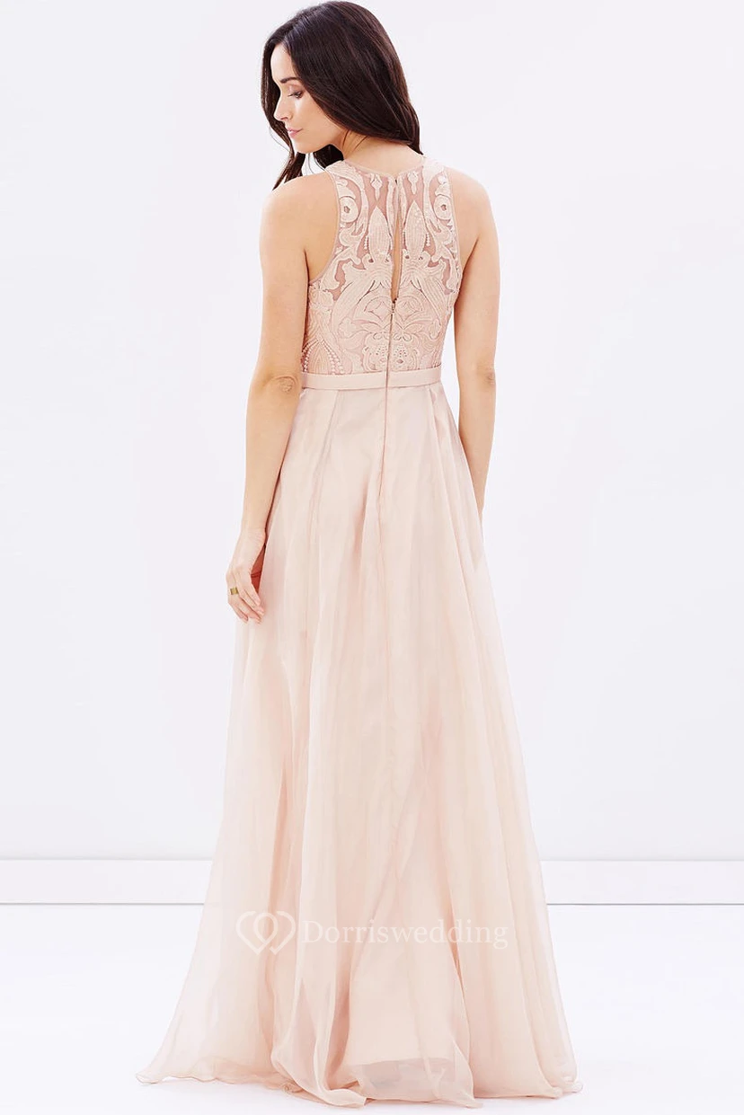 Sheath Sleeveless Appliqued Scoop Neck Chiffon Blush Bridesmaid Dress With Sequins view 2