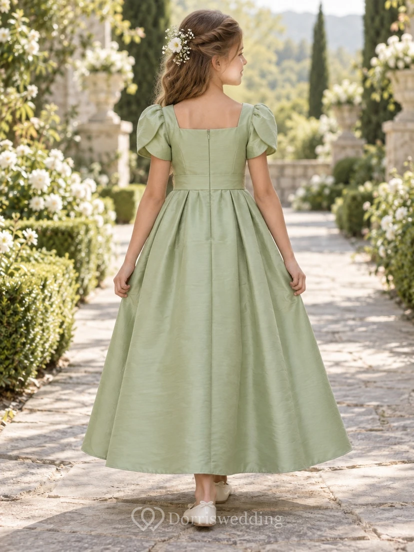 Square Neck Celadon Tulip Sleeve Bow Shantung A-line Flower Girl Dress view 2