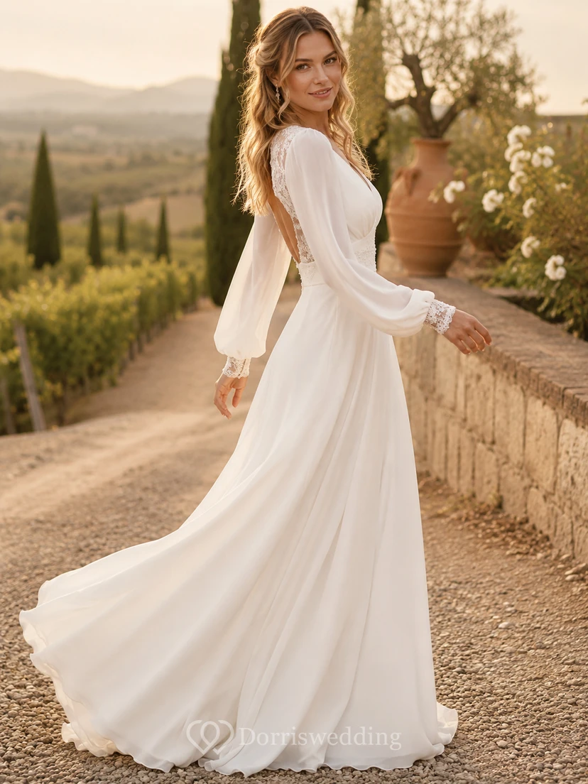 Langärmeliges Chiffon-Brautkleid in A-Linie mit offenem Rücken aus Spitze view 5