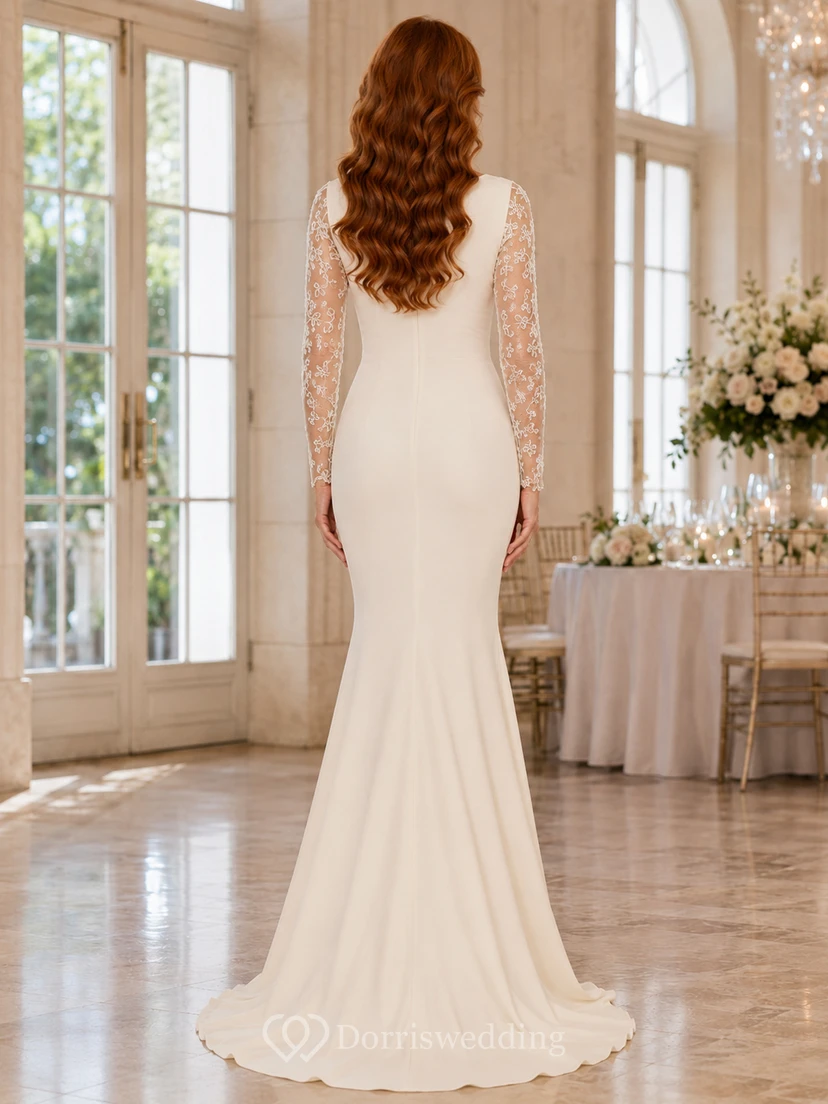 Weiches, neutrales Meerjungfrauen-Mutterkleid mit V-Ausschnitt, Spitzenärmeln und Spitze view 2