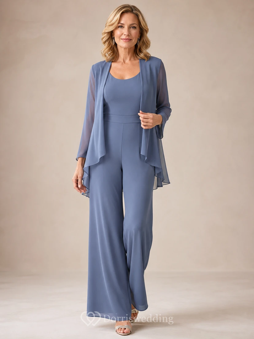 Mother Steel Blue Chiffon Pantsuit with Scoop Neck Open Jacket and Wide Leg Pants