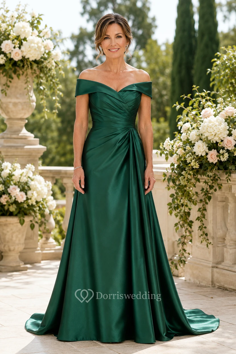 Dunkelgrünes, schulterfreies A-Linien-Kleid aus Satin mit Schleppe