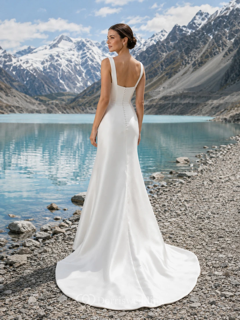 Robe de mariée sirène en satin à col carré et bretelles larges, dos boutonné et traîne, encolure carrée et dos nu. view 2