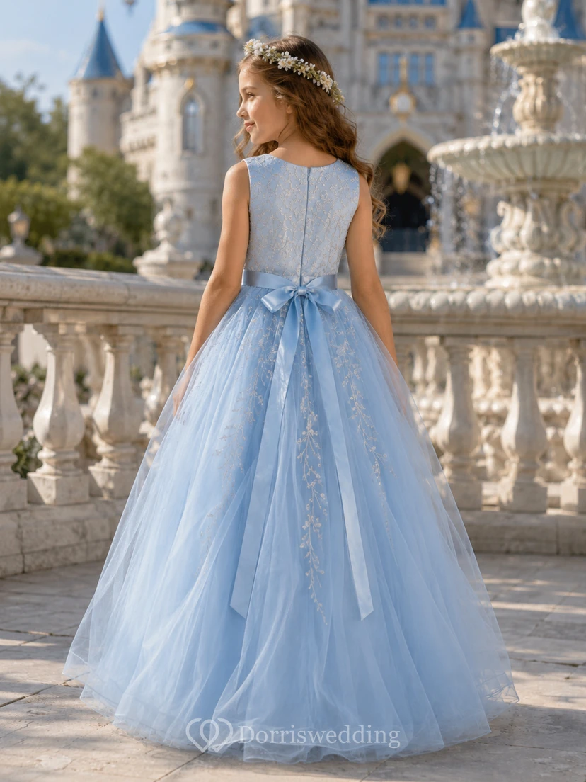 Sky Blue Flower Girl Dress with Sleeveless Floral Embroidered Bodice, Cascading Tulle Floor-Length Ball Gown and Satin Bow view 2